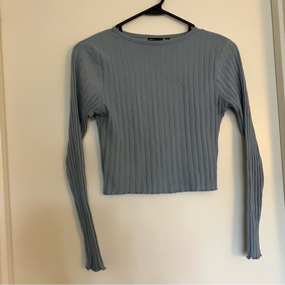 Ribbed Blue Long Sleeve lettuce edge Top